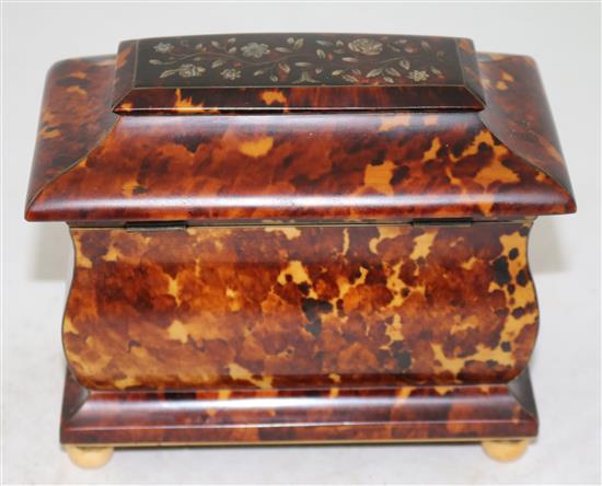 An early Victorian mother of pearl inlaid tortoiseshell tea caddy, 6.75in.
